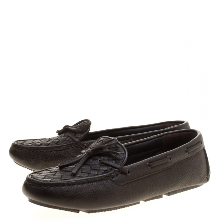 Pre Owned Bottega Veneta Brown Intrecciato Leather Loafers Size 39.5