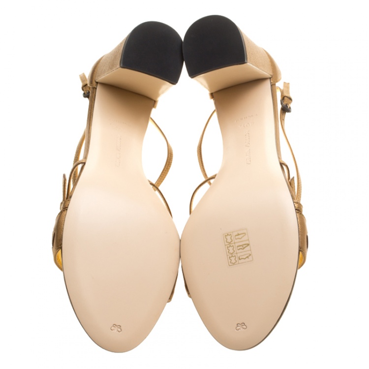 Pre Owned Bottega Veneta Metallic Bronze Intrecciato Leather Block Heel Sandals Size 40.5