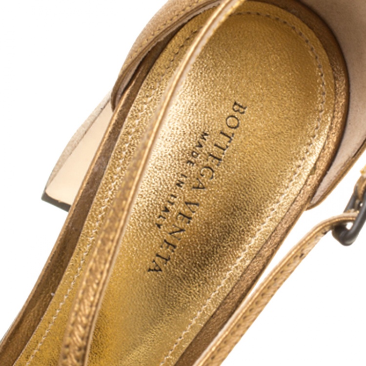 Pre Owned Bottega Veneta Metallic Bronze Intrecciato Leather Block Heel Sandals Size 40.5