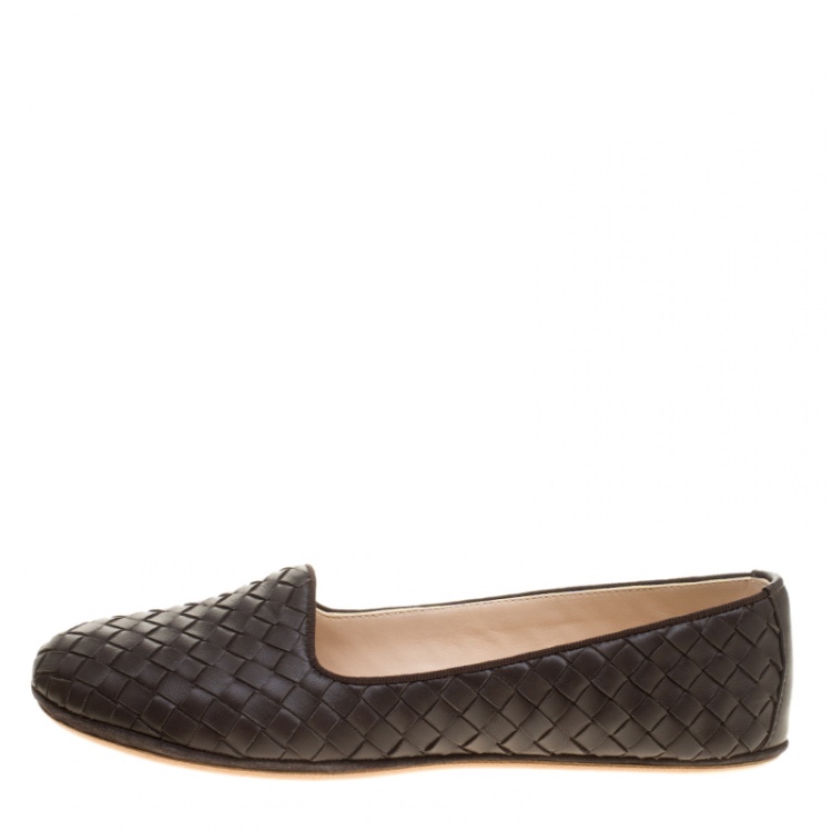 Pre Owned Bottega Veneta Brown Intrecciato Leather Flats Size 38