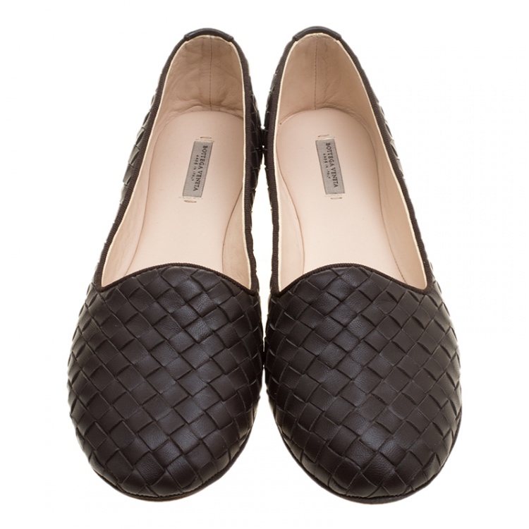 Pre Owned Bottega Veneta Brown Intrecciato Leather Flats Size 38