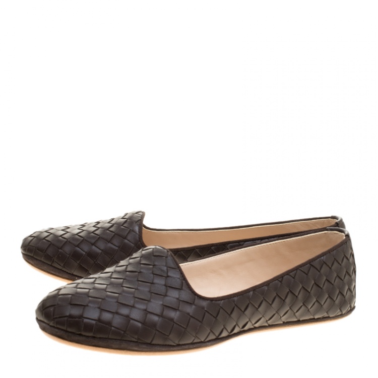 Pre Owned Bottega Veneta Brown Intrecciato Leather Flats Size 38