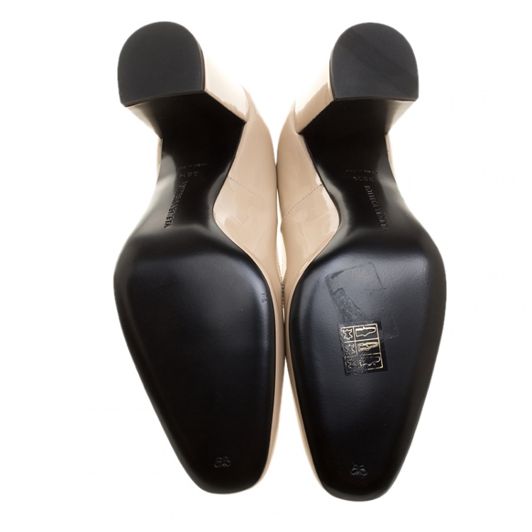 Pre Owned Bottega Veneta Beige Patent Leather Intrecciato Detail Block Heel Pumps Size 38.5