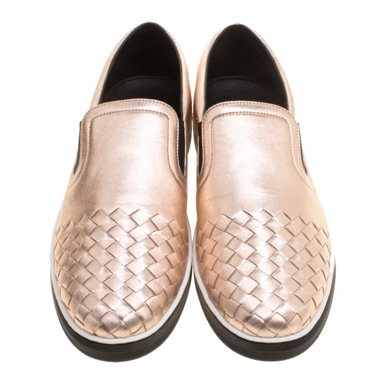 Pre Owned Bottega Veneta Metallic Pink Intrecciato Leather Slip On Sneakers Size 41
