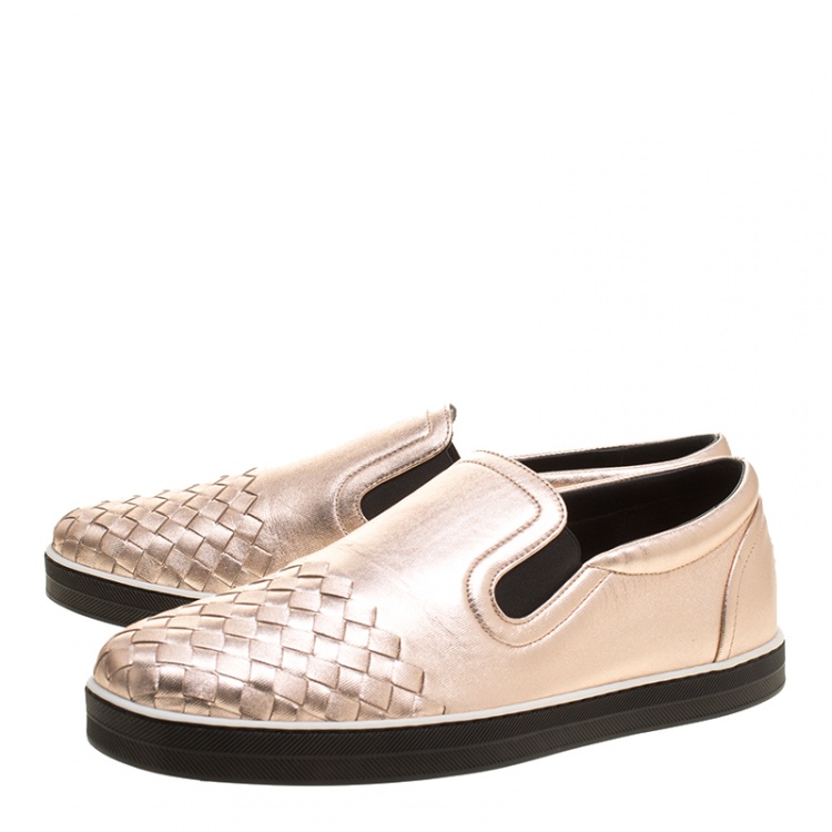 Pre Owned Bottega Veneta Metallic Pink Intrecciato Leather Slip On Sneakers Size 41