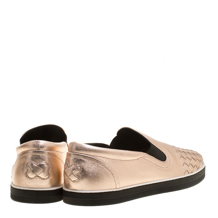 Pre Owned Bottega Veneta Metallic Pink Intrecciato Leather Slip On Sneakers Size 41