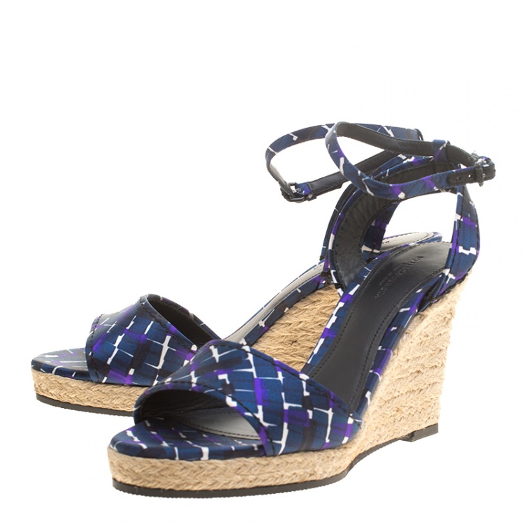 Pre Owned Bottega Veneta Multicolor Satin Ankle Strap Espadrille Wedge Sandals 38