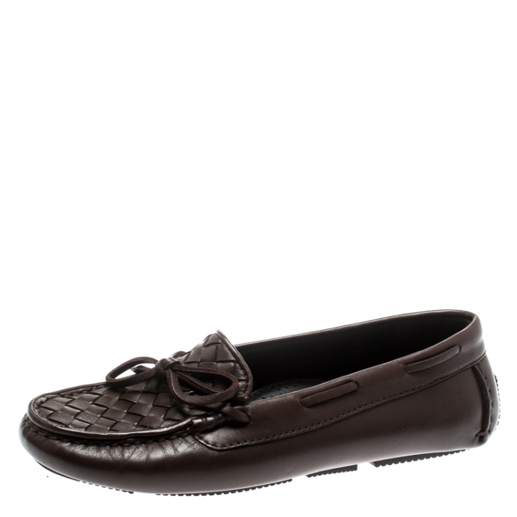 Pre Owned Bottega Veneta Brown Intrecciato Leather Loafers Size 35.5