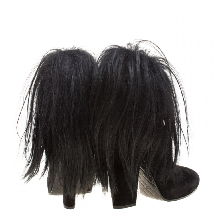 Pre Owned Bottega Veneta Black Suede and Fur Criss Cross Ankle Boots Size 36