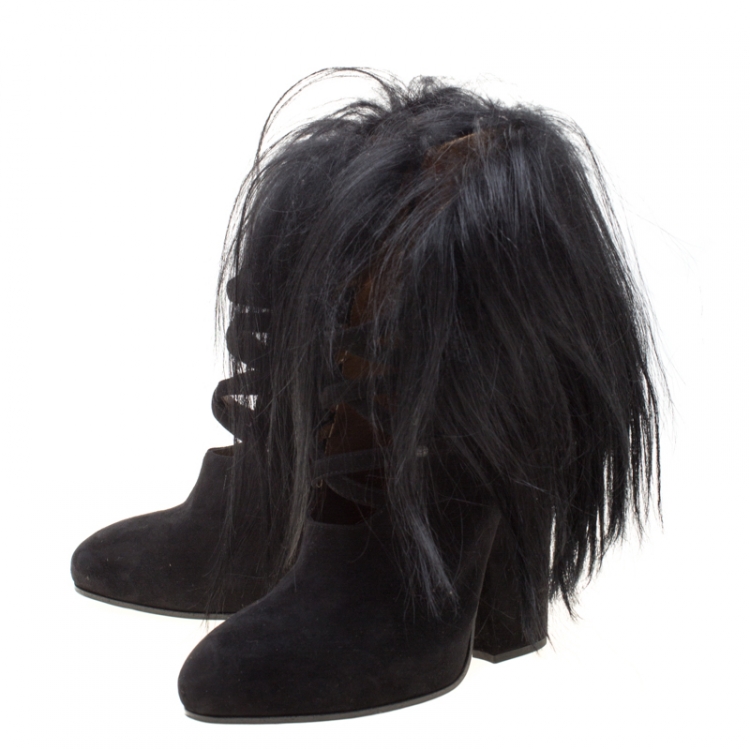 Pre Owned Bottega Veneta Black Suede and Fur Criss Cross Ankle Boots Size 36