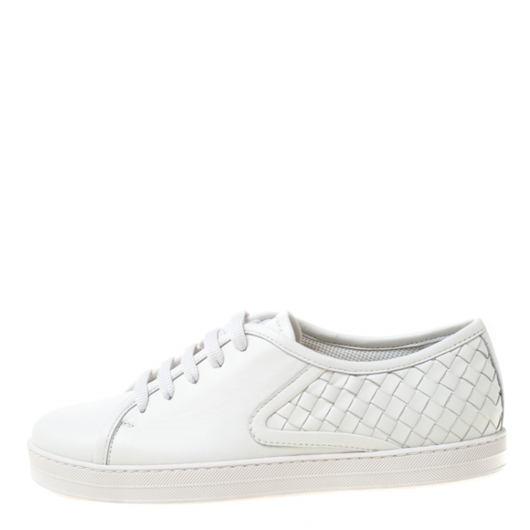 Pre Owned Bottega Veneta White Intrecciato Leather Sneakers Size 38