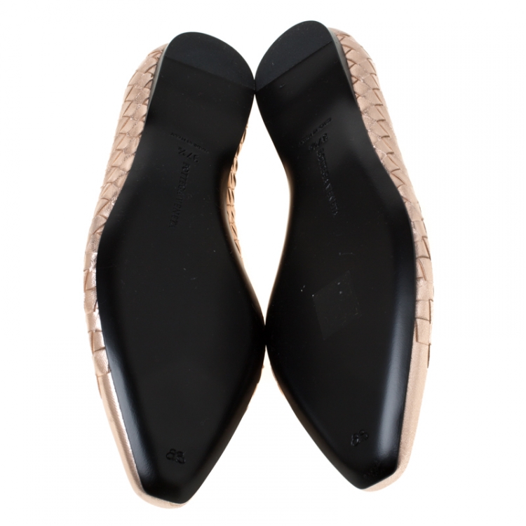 Pre Owned Bottega Veneta Metallic Rose Gold Intrecciato Leather Ballet Flats Size 37.5