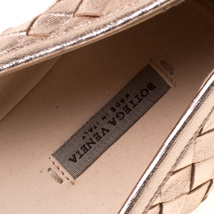 Pre Owned Bottega Veneta Metallic Rose Gold Intrecciato Leather Ballet Flats Size 37.5