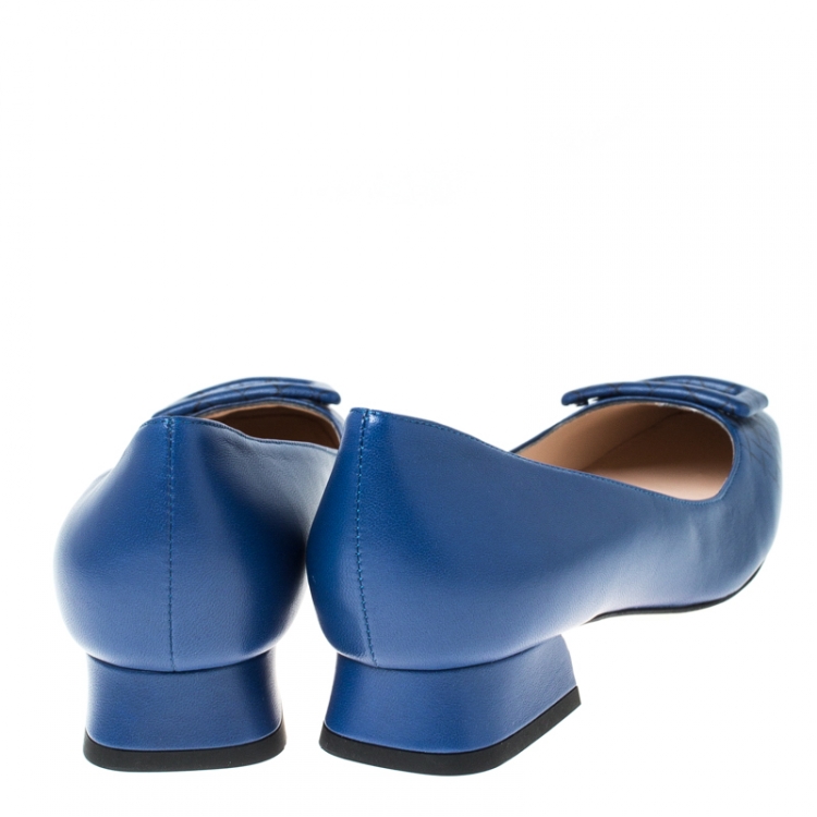 Pre Owned Bottega Veneta Blue Intrecciato Print Leather Buckle Details Flats Size 37.5