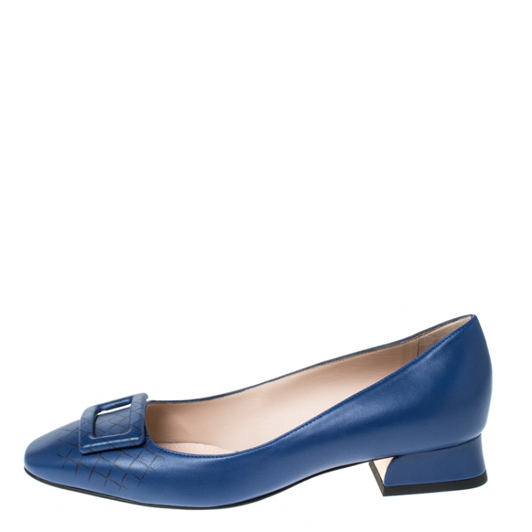 Pre Owned Bottega Veneta Blue Intrecciato Print Leather Buckle Details Flats Size 37.5