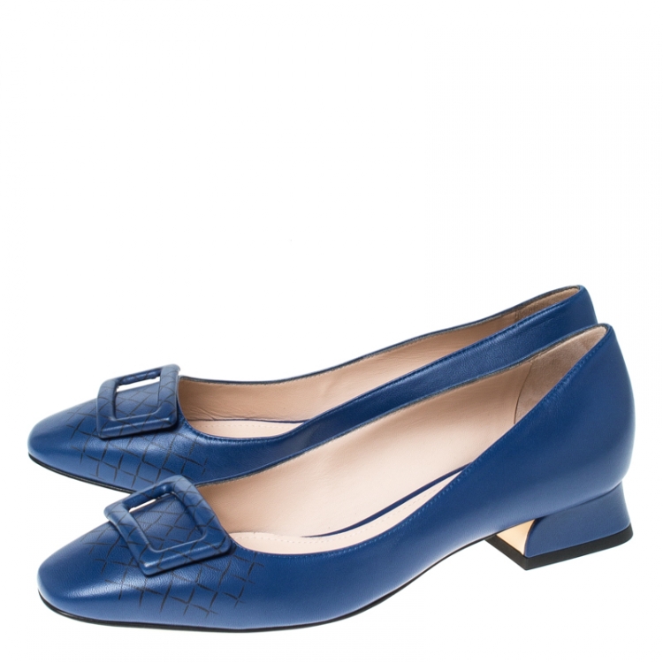 Pre Owned Bottega Veneta Blue Intrecciato Print Leather Buckle Details Flats Size 37.5