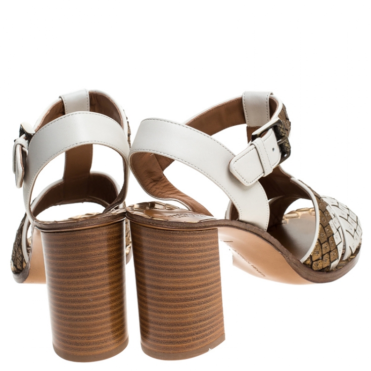 Pre Owned Bottega Veneta Metallic Bronze And White Leather Block Heel Sandals Size 40