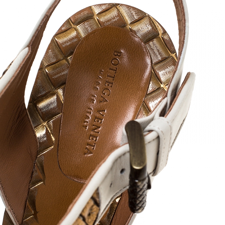 Pre Owned Bottega Veneta Metallic Bronze And White Leather Block Heel Sandals Size 40