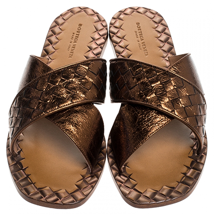 Pre Owned Bottega Veneta Bronze Metallic Intrecciato Crisscross Leather Flat Slides Size 37
