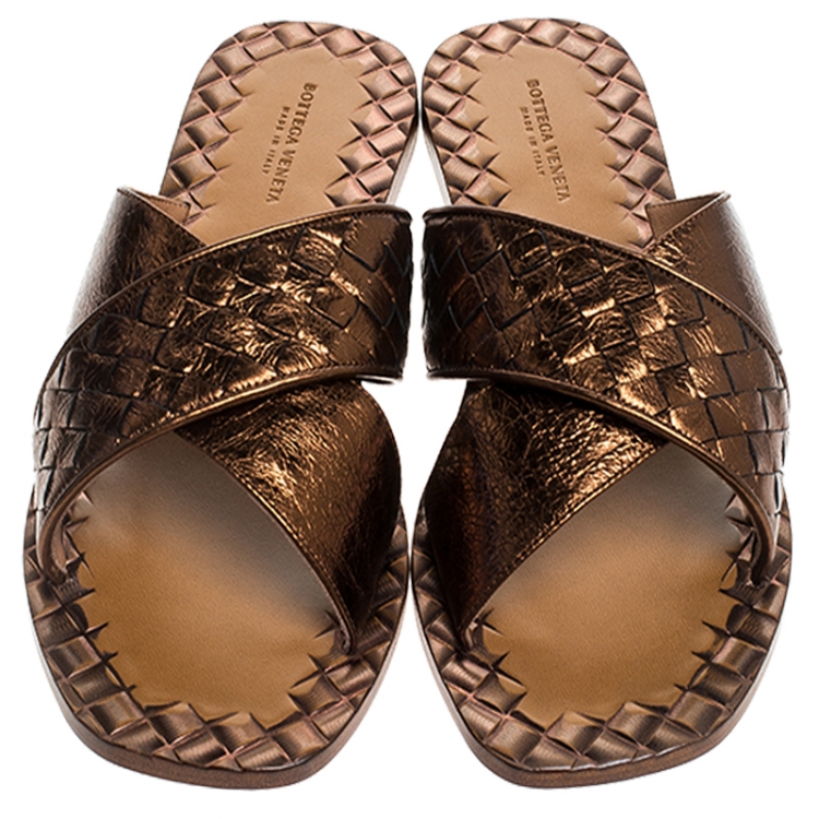 Pre Owned Bottega Veneta Metallic Bronze Criss Cross Intrecciato Leather Ravello Flat Slides Size 40