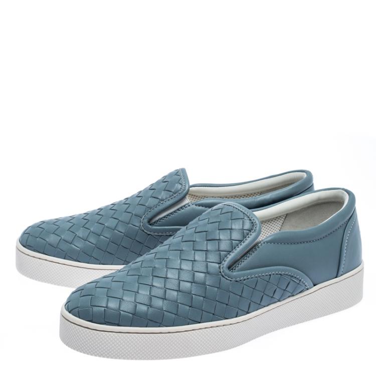 Pre Owned Bottega Veneta Blue Intrecciato Suede Slip On Sneakers Size 37