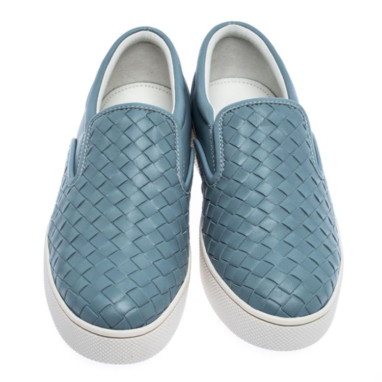 Pre Owned Bottega Veneta Blue Intrecciato Suede Slip On Sneakers Size 37