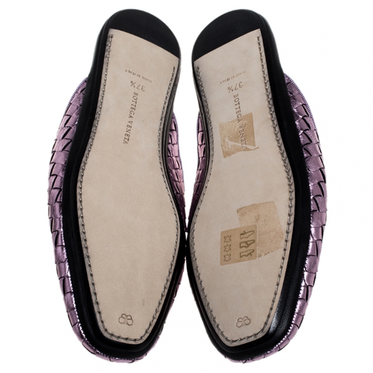 Pre Owned Bottega Veneta Metallic Purple Intrecciato Leather Fiandra Mules Size 37.5