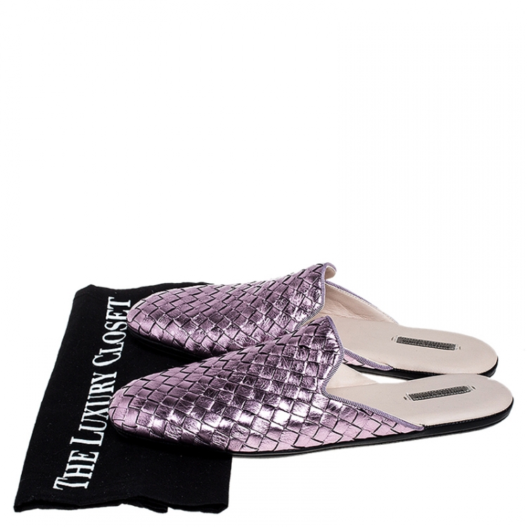 Pre Owned Bottega Veneta Metallic Purple Intrecciato Leather Fiandra Mules Size 37.5