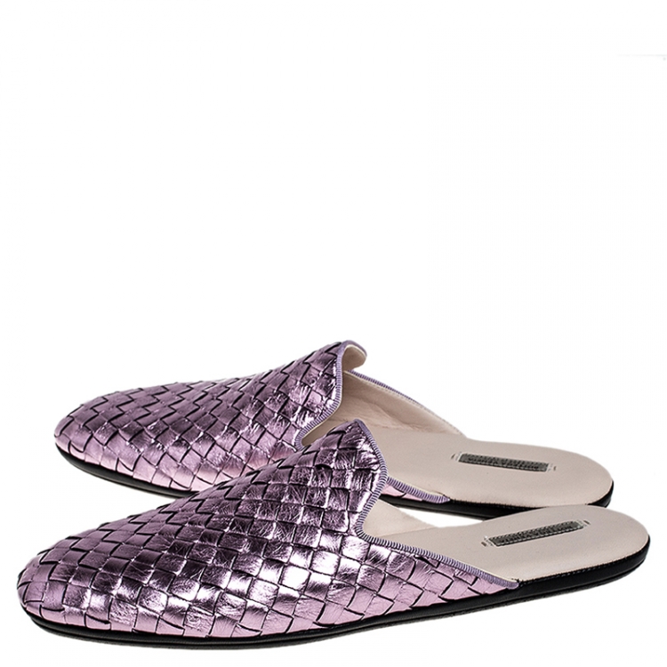Pre Owned Bottega Veneta Metallic Purple Intrecciato Leather Fiandra Mules Size 37.5