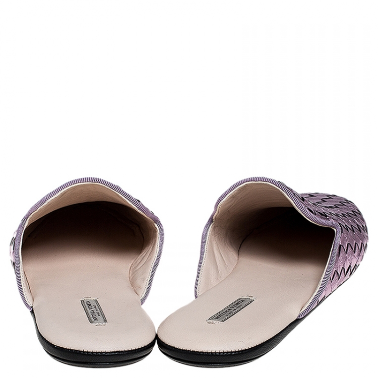 Pre Owned Bottega Veneta Metallic Purple Intrecciato Leather Fiandra Mules Size 37.5