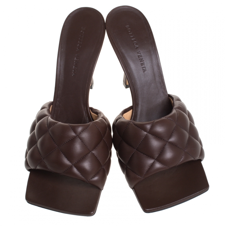 Pre Owned Bottega Veneta Brown Padded Quilted Leather Slide Sandals Size 40