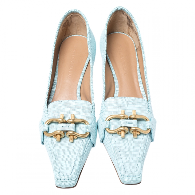 Pre Owned Bottega Veneta Blue Lizard Embossed Leather Loafers Pumps Size 37