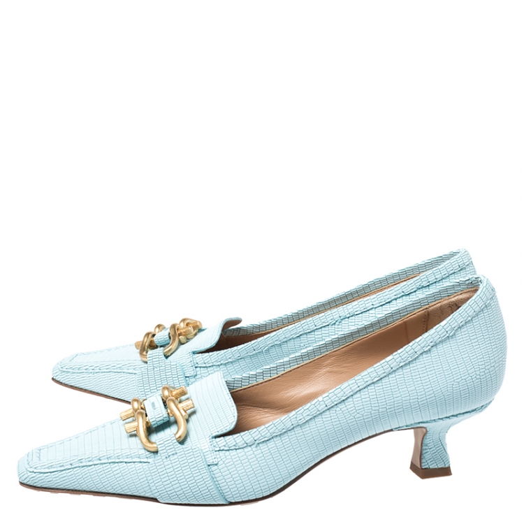 Pre Owned Bottega Veneta Blue Lizard Embossed Leather Loafers Pumps Size 37