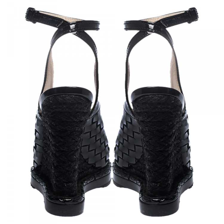 Pre Owned Bottega Veneta Black Patent Leather And Jute Intrecciato Wedge Ankle Wrap Peep Toe Sandals Size 37