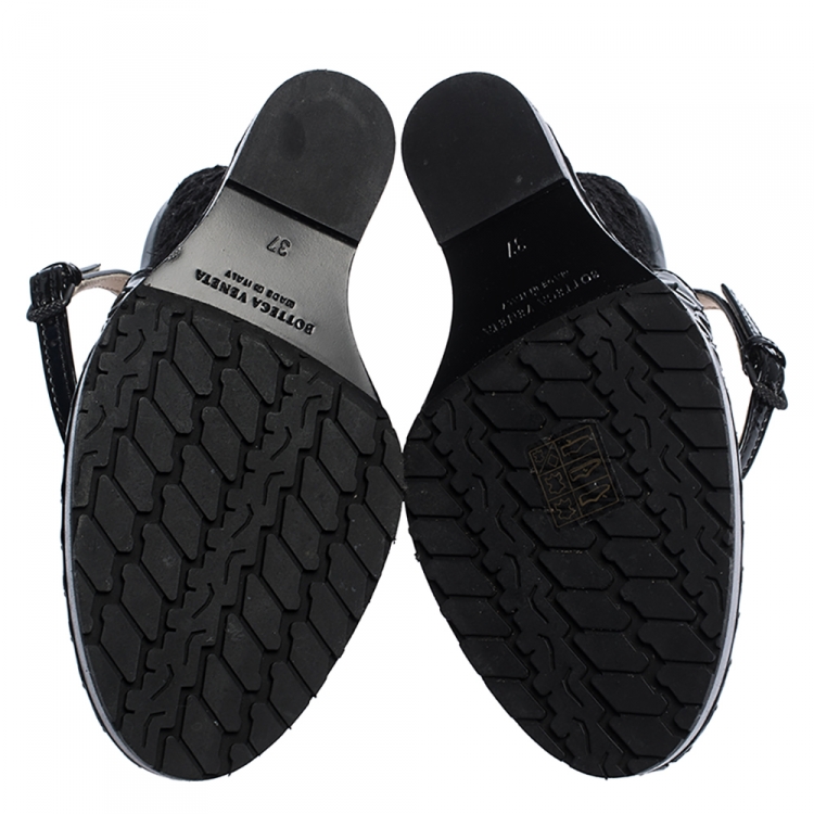 Pre Owned Bottega Veneta Black Patent Leather And Jute Intrecciato Wedge Ankle Wrap Peep Toe Sandals Size 37