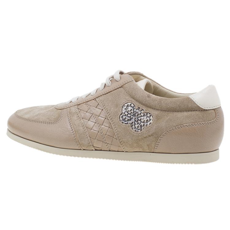 Pre Owned Bottega Veneta Beige Suede and Leather Butterfly Sneakers Size 39.5