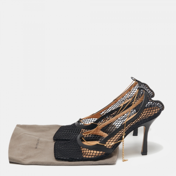 Pre Owned Bottega Veneta Black Mesh and Leather Trim Chain Detail Stretch Square -Toe Pumps Size 40.5