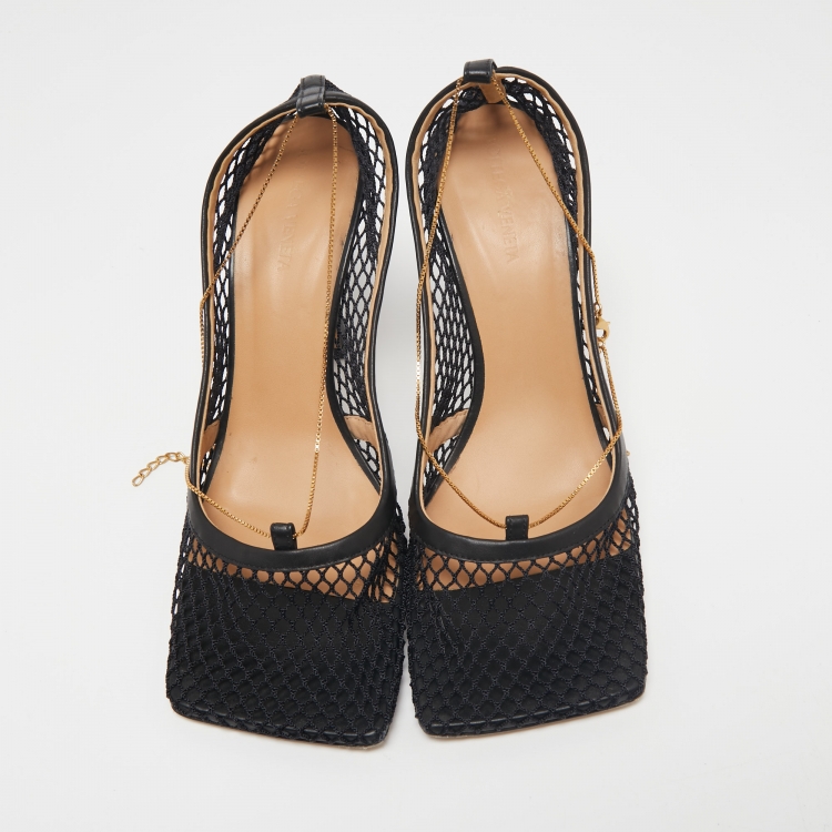 Pre Owned Bottega Veneta Black Mesh and Leather Trim Chain Detail Stretch Square -Toe Pumps Size 40.5