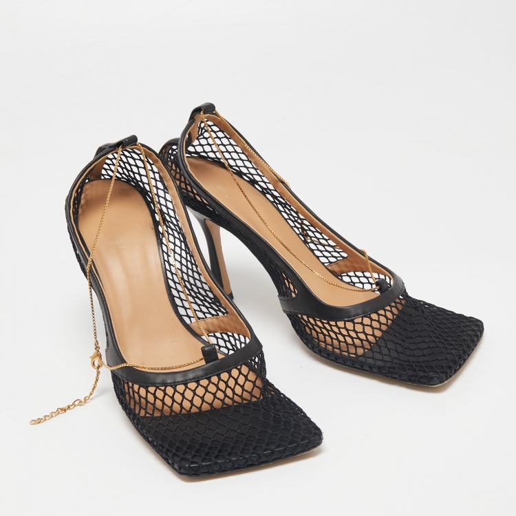 Pre Owned Bottega Veneta Black Mesh and Leather Trim Chain Detail Stretch Square -Toe Pumps Size 40.5