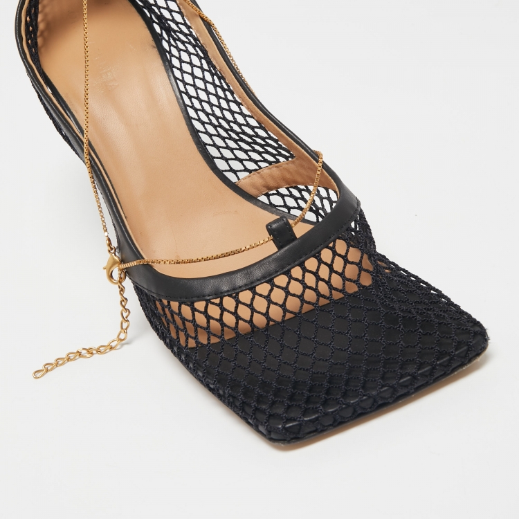 Pre Owned Bottega Veneta Black Mesh and Leather Trim Chain Detail Stretch Square -Toe Pumps Size 40.5