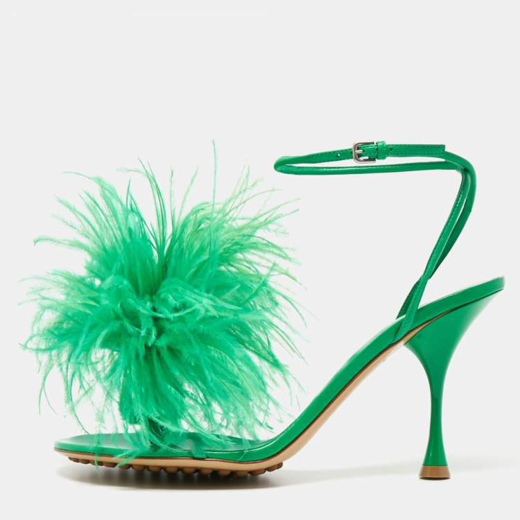 Pre Owned Bottega Veneta Green Leather and Fur Ankle Strap Sandals Size 39