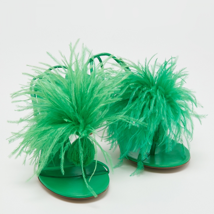 Pre Owned Bottega Veneta Green Leather and Fur Ankle Strap Sandals Size 39