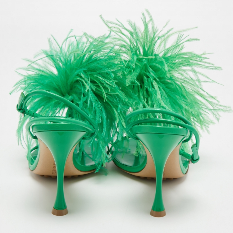 Pre Owned Bottega Veneta Green Leather and Fur Ankle Strap Sandals Size 39