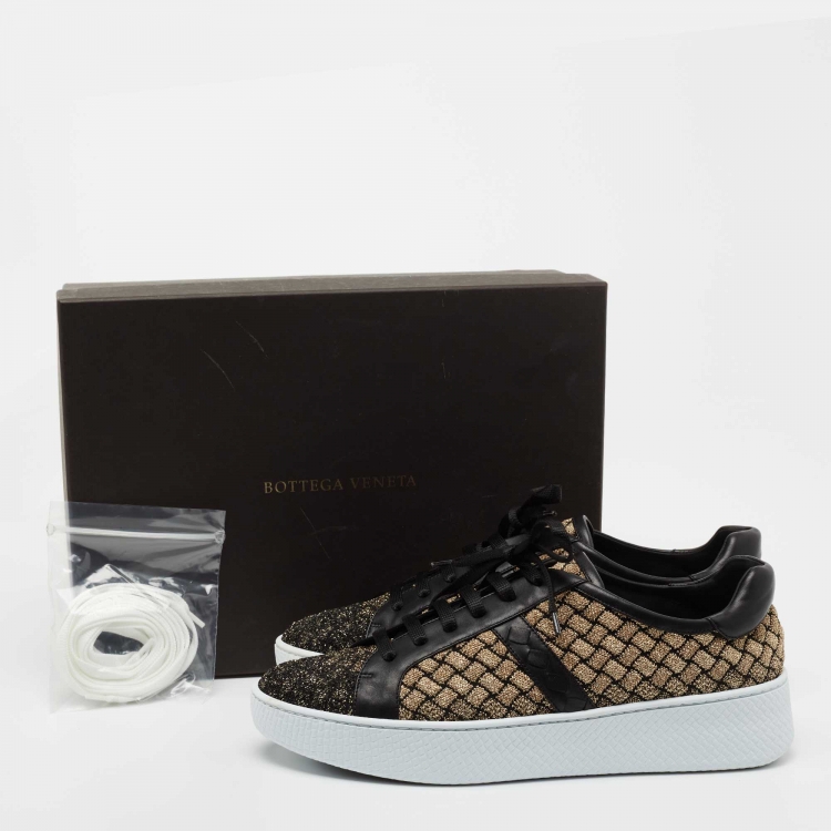 Pre Owned Bottega Veneta Black/Gold Woven Fabric and Leather Lace Low Top Sneakers Size 40