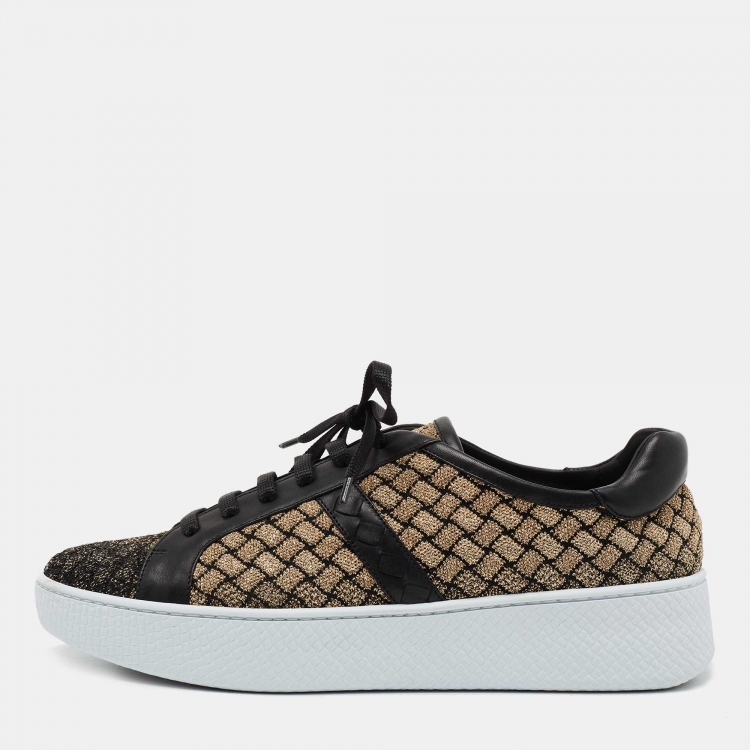 Pre Owned Bottega Veneta Black/Gold Woven Fabric and Leather Lace Low Top Sneakers Size 40