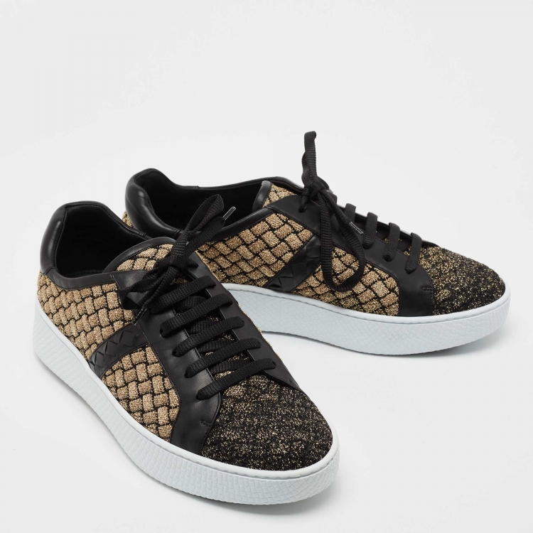 Pre Owned Bottega Veneta Black/Gold Woven Fabric and Leather Lace Low Top Sneakers Size 40
