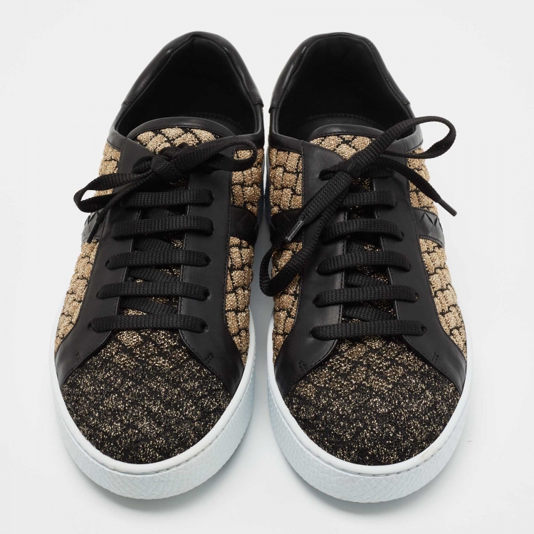Pre Owned Bottega Veneta Black/Gold Woven Fabric and Leather Lace Low Top Sneakers Size 40