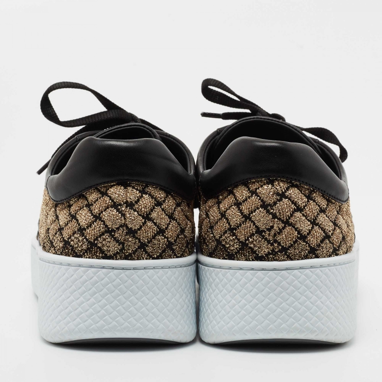 Pre Owned Bottega Veneta Black/Gold Woven Fabric and Leather Lace Low Top Sneakers Size 40