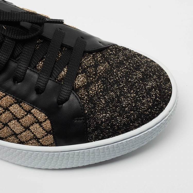 Pre Owned Bottega Veneta Black/Gold Woven Fabric and Leather Lace Low Top Sneakers Size 40