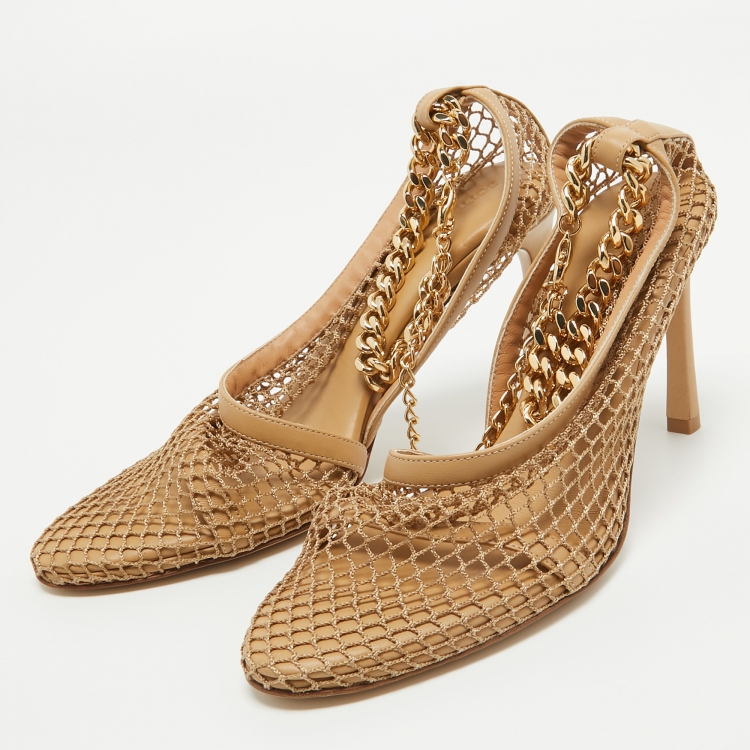 Pre Owned Bottega Veneta Beige Mesh and Leather Chain Ankle Strap D'orsay Pumps Size 36